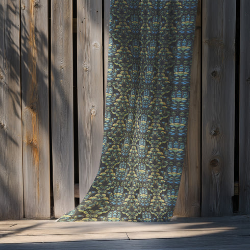 Sheer curtain panel featuring repeating pattern of golden yellow ginkgo leaves with teal hamsa-shaped botanicals on dark background. Linen-textured polyester fabric filters light while providing elegant window covering with protective botanical symbolism.